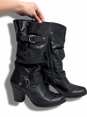 Black Leather Mid-Calf Heeled Slouchy Boots w/ Buckle Details (Women’s 7)